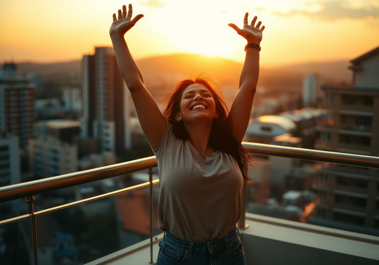 Mujer celebrando libertad financiera al atardecer
