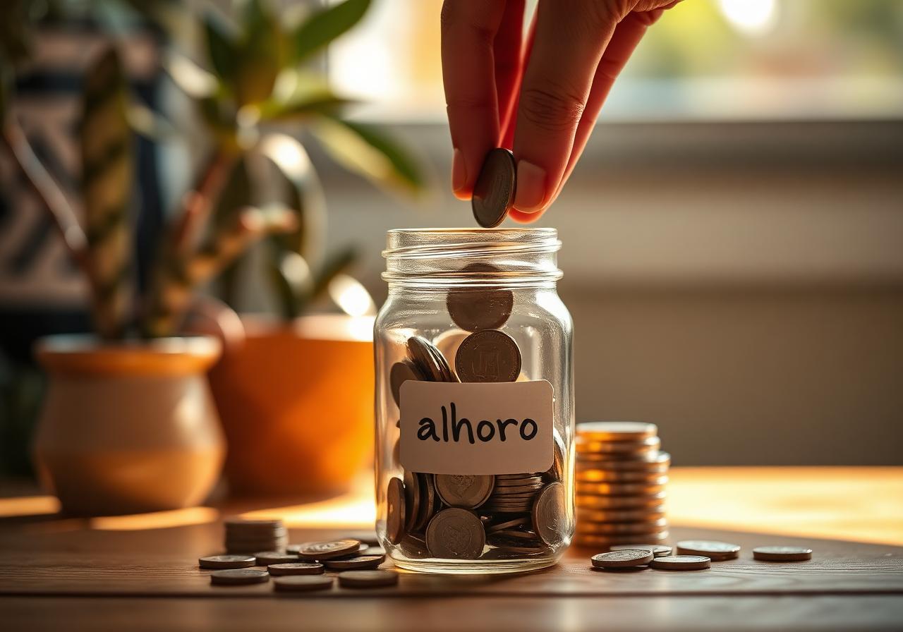 Manos guardando monedas en un frasco de ahorro